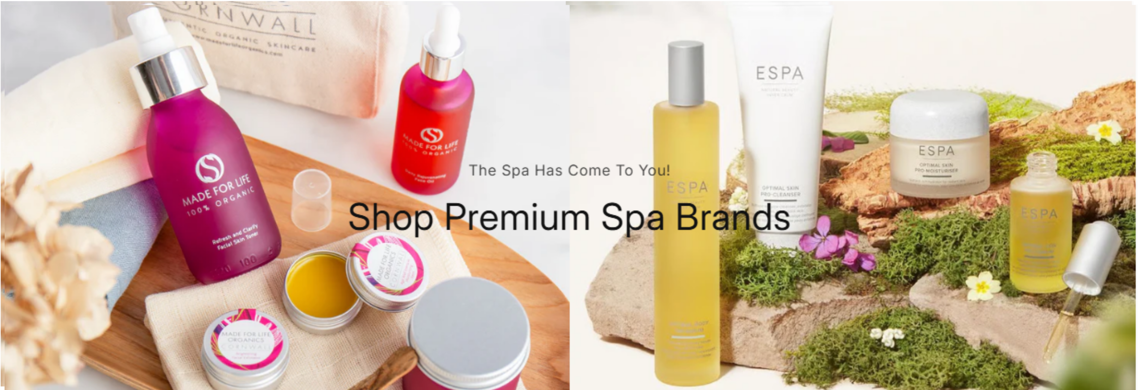 Spa products, including bottles and containers with a scenic background.