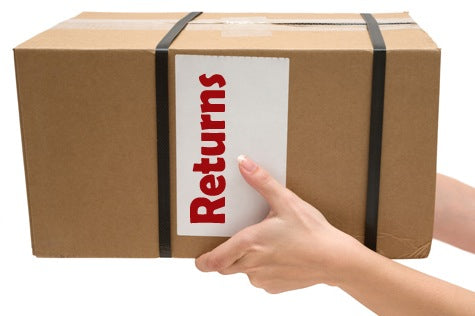 Cardboard box labeled 'Returns' being held by a hand on a white background